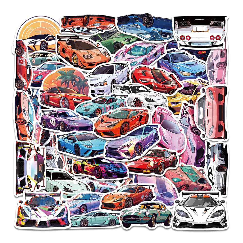 50 Cartoon Racing Car Stickers for DIY Luggage, Scooter, and Phone Cases