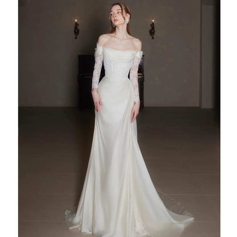 French One-Shoulder Light Wedding Dress 2026 New Lace Fitted Mermaid Hostess Dress with Arm Coverage Bridal Gown
