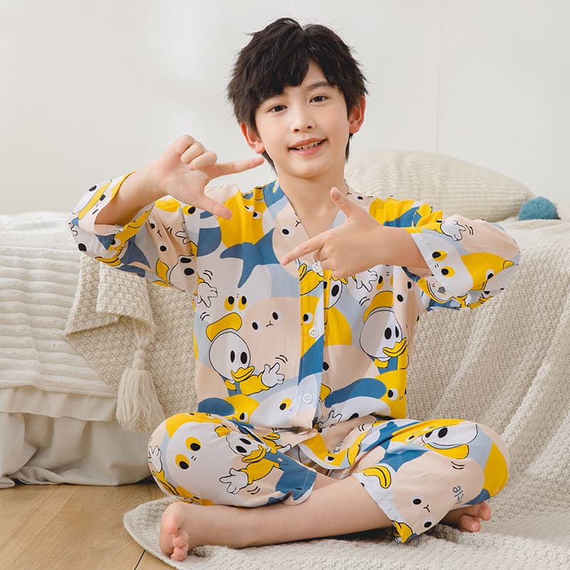 Cotton Silk Pajamas Children's Homewear Air Conditioning Suit V-Neck Long Sleeve Boys Girls Baby Summer Clothing Kids Cotton Summer