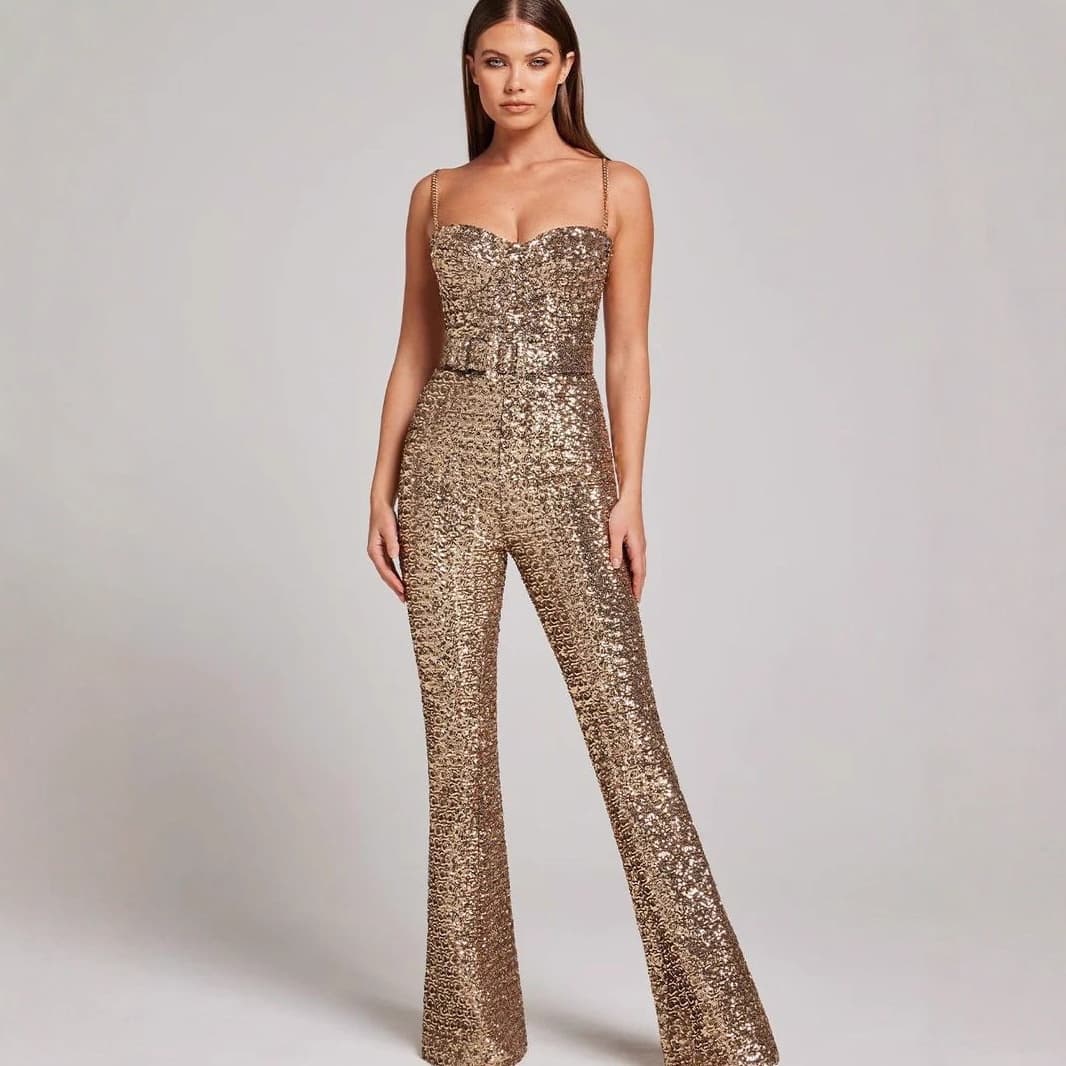 2025 New Cross-border Amazon AliExpress Fashion Sexy Chain Belt Sequin Slim Fit Bodysuit