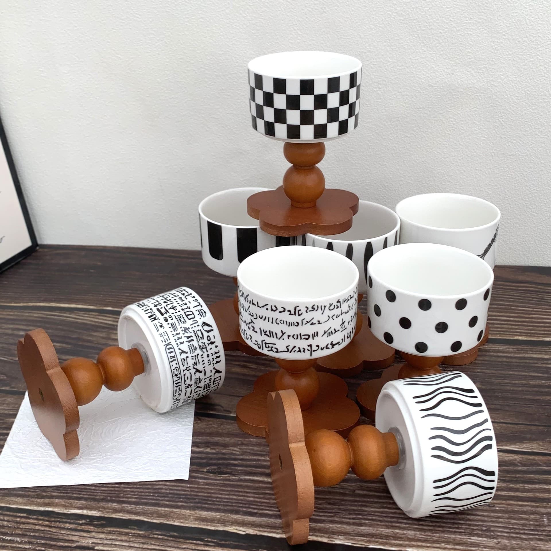 Vintage Retro Ceramic Stemmed Glass, French-Style Ice Cream Bowl, Ins Pudding Dessert Bowl, Wooden Foot Candle Cup, Candle Holder