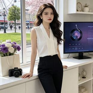 V-Neck Sleeveless Blouse for Women, New Spring/Summer Style, Inner Layer for Suits, Solid Color Chiffon Vest