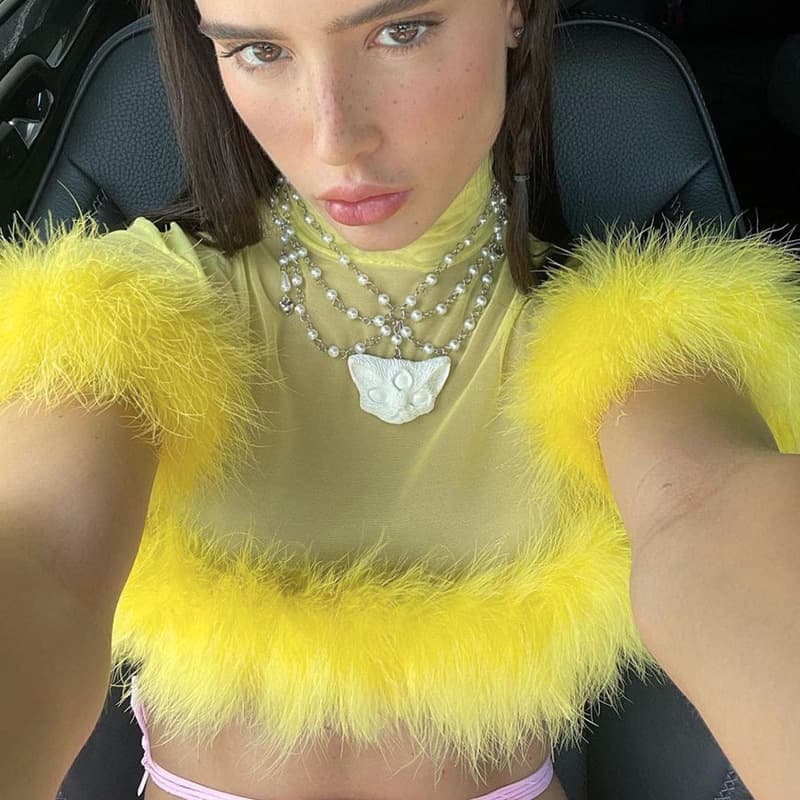 Q22Tp396 Solid Color High-Neck Pullover Mesh Crop Top with Plush Casual European and American Style Women's Top New Style