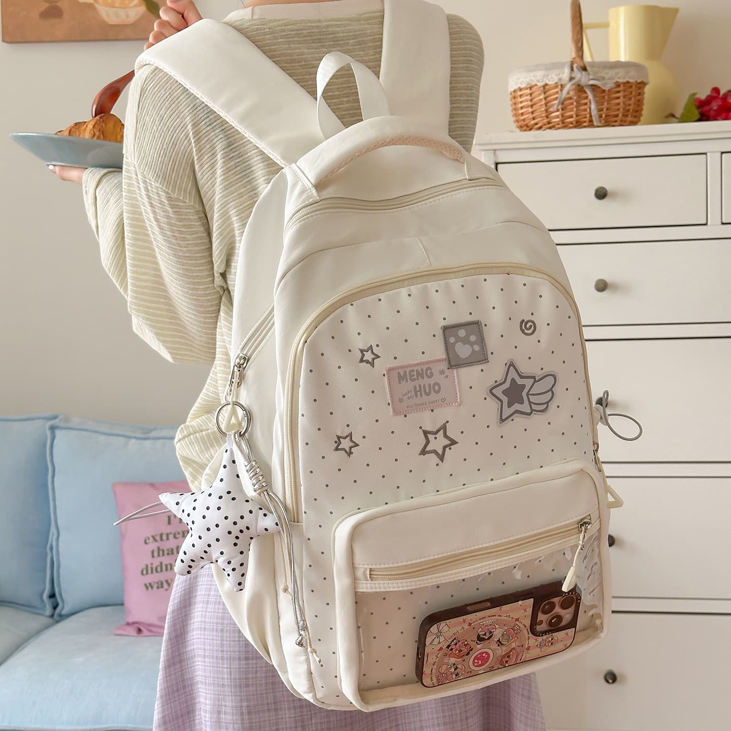 Milk White Polka Dot Star Backpack for Women Students Large Capacity Lightweight Casual Backpack Cute Preppy Style
