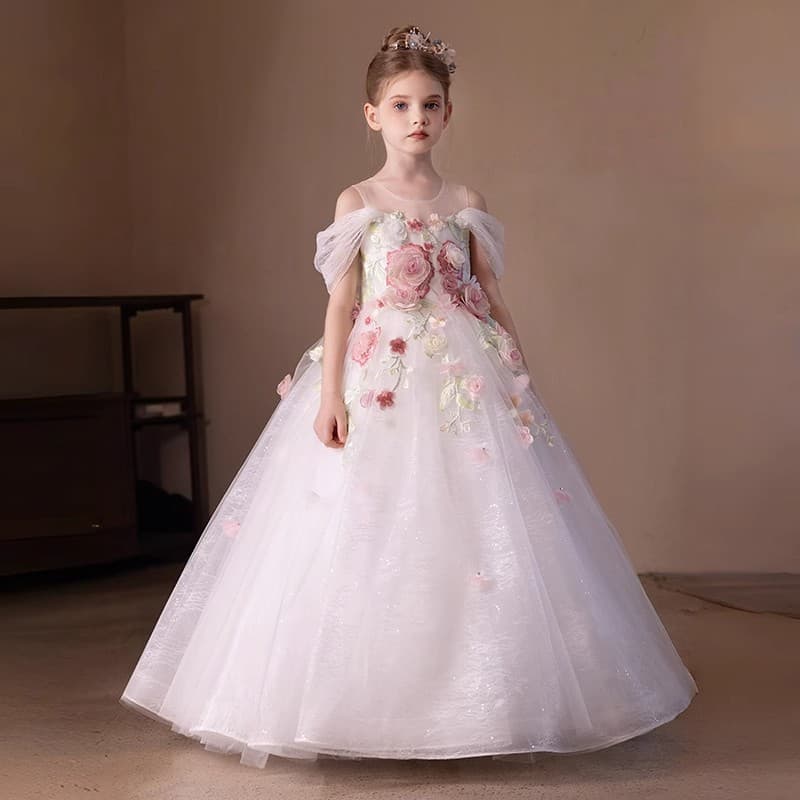 Girls Flower Girl Wedding Dress, Light Luxury High-End Rose Birthday Evening Gown, White Host Piano Princess Dress