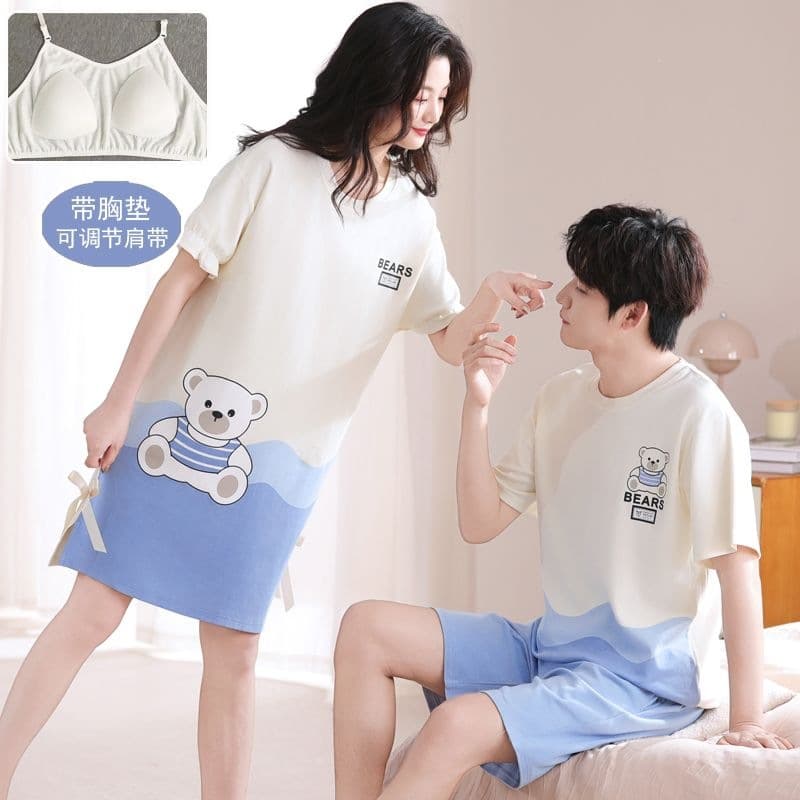 Couples Pajamas with Chest Pad, Summer Short Sleeve Cotton Nightgown, Cute Cartoon Loose Plus Size Homewear for Men and Women
