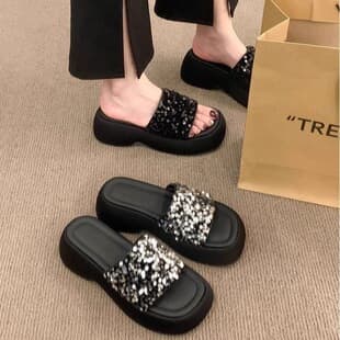 Platform Thick Sole Sandals Half Slippers Women 2026 Summer Outdoor New Sequins Chunky Sole Women's One-Strap Shoes
