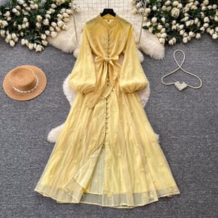 French Gentle Style Lantern Sleeve Embroidered Dress for Women Spring Korean Fitted Versatile Tie Long Dress Commute Elegant