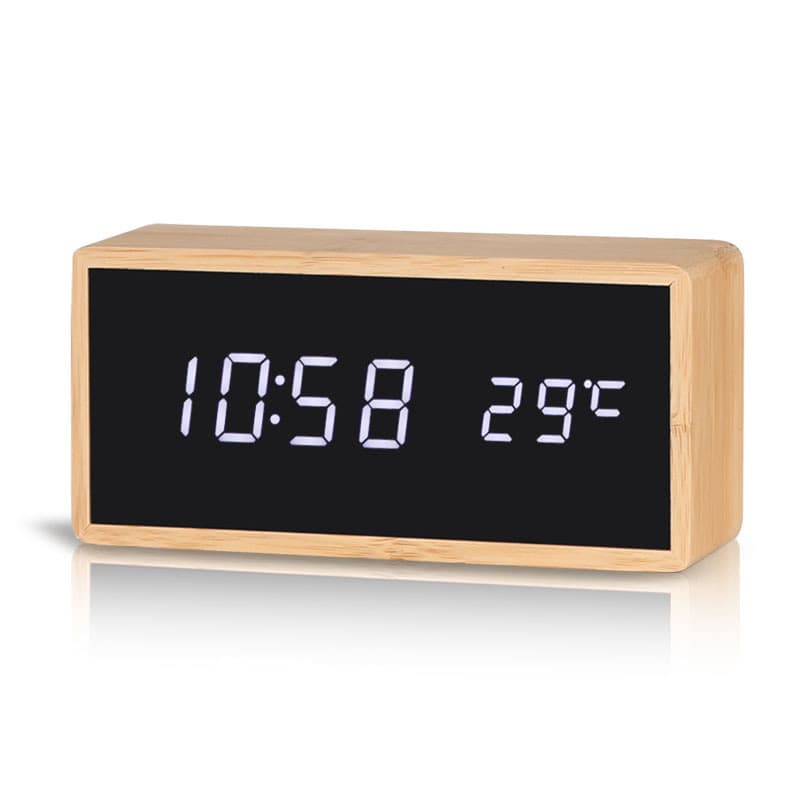 Multifunctional alarm clock, creative LED bamboo wooden clock, simple temperature display table clock, luminous silent sound-controlled gift clock