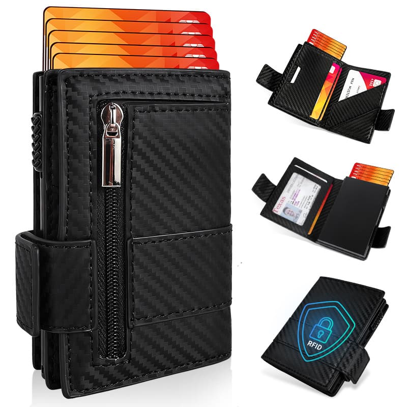 New Cross-Border Automatic Aluminum Alloy Card Holder Anti-Magnetic Anti-Theft Card Case Carbon Fiber PU Leather Premium Men's Card Sleeve