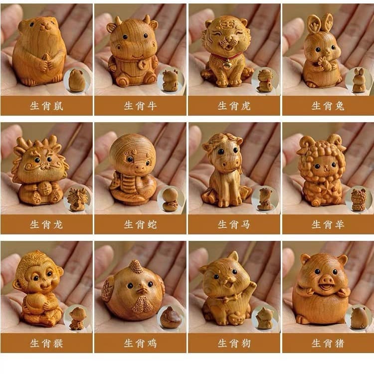 Factory Direct Cedar Wood Hand Carving Twelve Chinese Zodiac Portable Plaything Cute Zodiac Culture Play Small Hand Piece