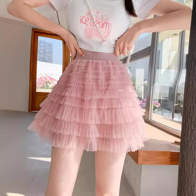 Layers of mesh skirt for women 2026 summer new style elastic waist high waist slimming cake skirt A-line puffy skirt