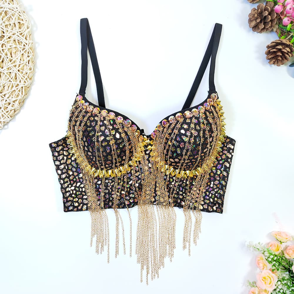 Rock Style Sequin Fringe Halter Underwire Corset Crop Top Sexy Club Bustier Stage Vest