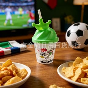 Cartoon Soccer Atmosphere Straw Cup, Multiple Colors Available, 300ml Capacity, with Middle Pouch, Cute Crown and Bow Water Cup