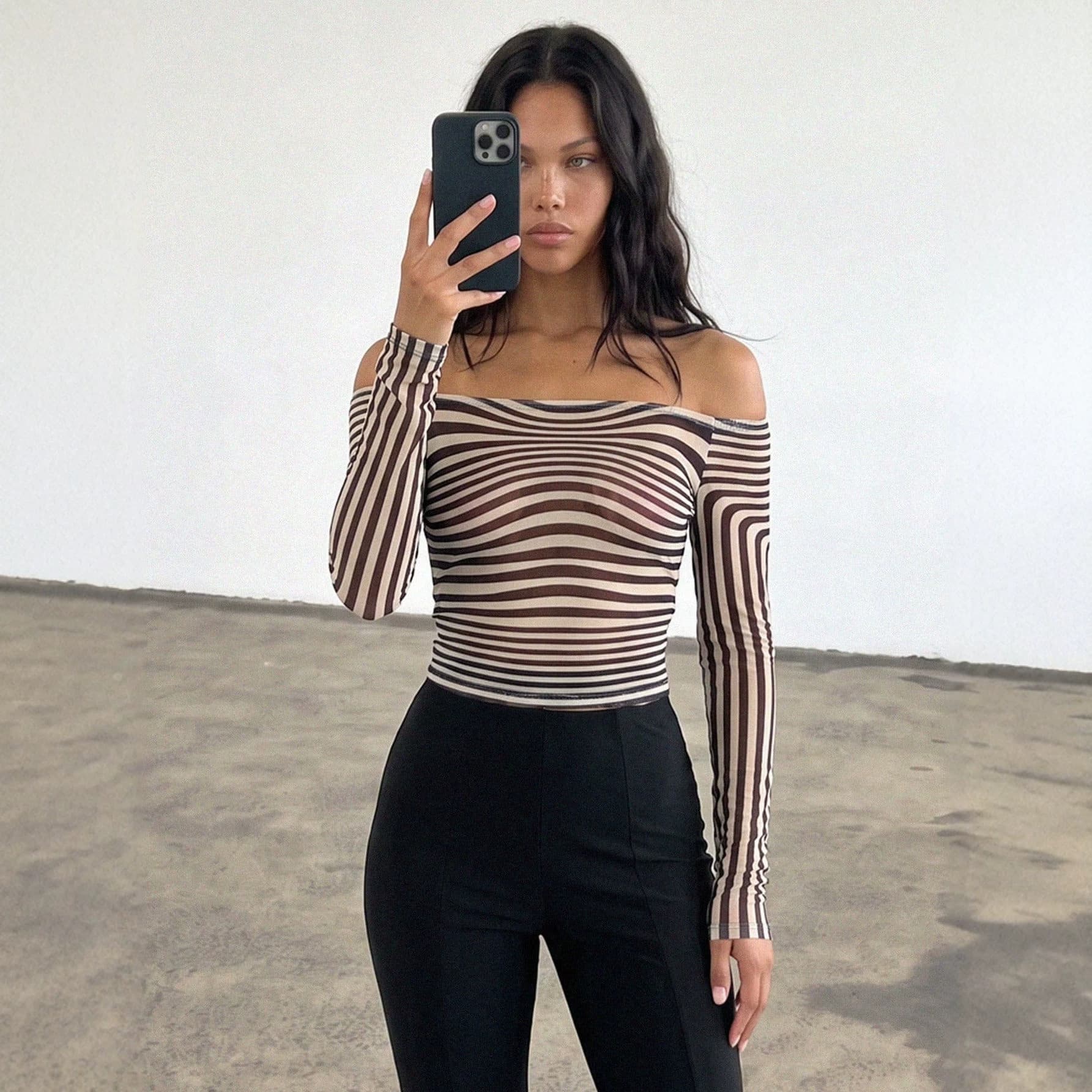 European and American cross-border popular striped mesh one-shoulder long-sleeved top slim-fitting off-shoulder hot girl see-through sexy bottoming shirt