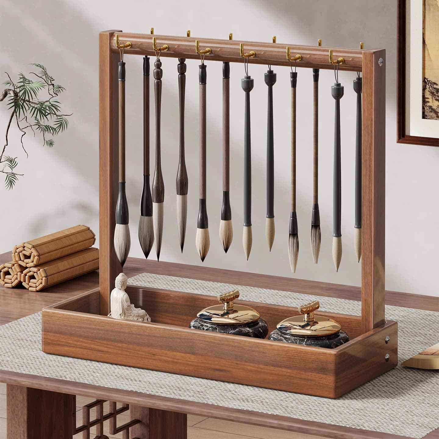 Hanging Calligraphy Brush Holder, Solid Wood Brush Stand for Desk, Traditional Scholar's Accessory with Metal Hook