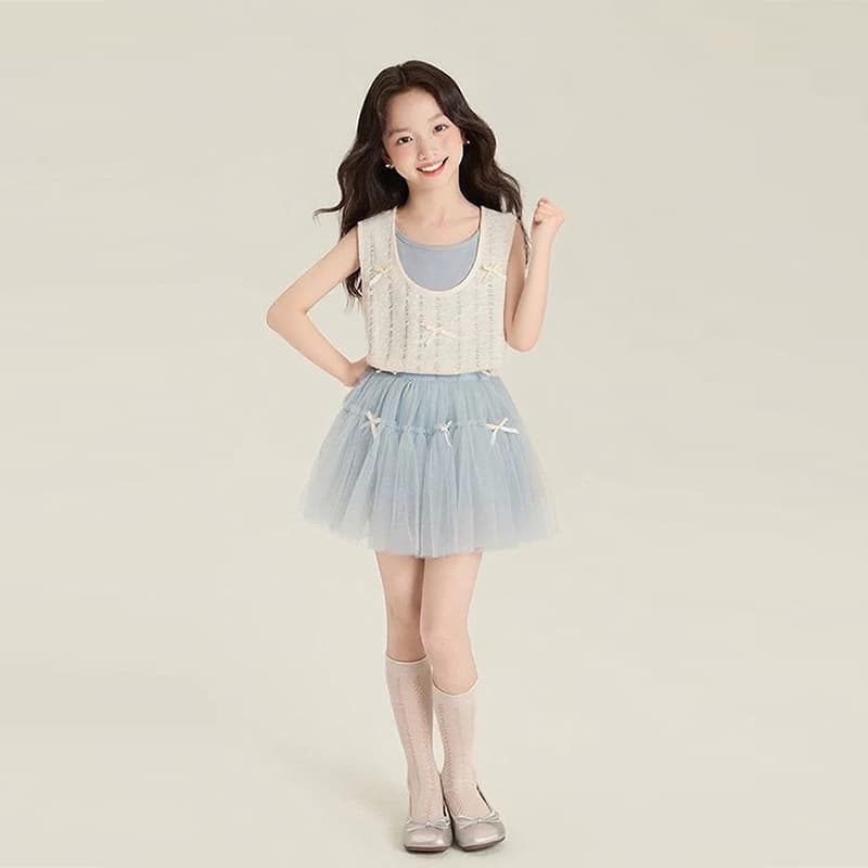 Girls suit summer 2025 new sweet fake two-piece hollow sleeveless top blue mesh skirt 2025
