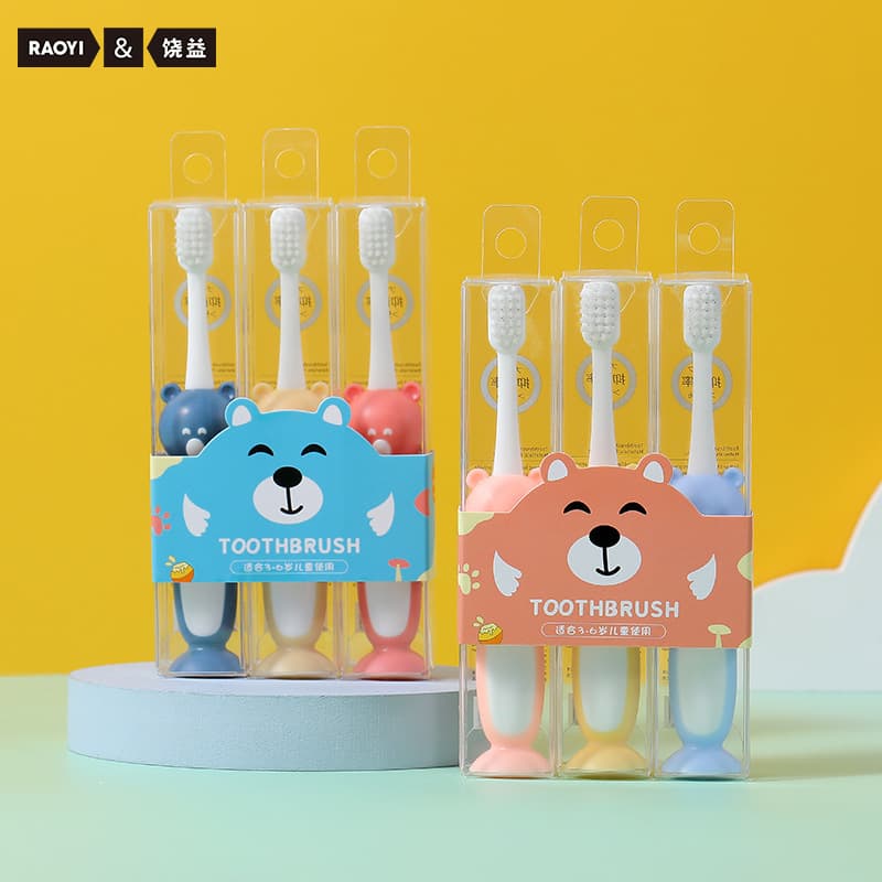 RAOYI Antibacterial Bristle Children's Toothbrush 3-Pack, Ages 3-6, Cartoon Bear Soft Toothbrush, Factory Direct Wholesale