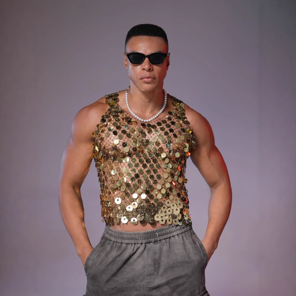 European and American cross-border flash diamond sexy men's hollow vest top rhinestone see-through nightclub party fishnet sequin vest