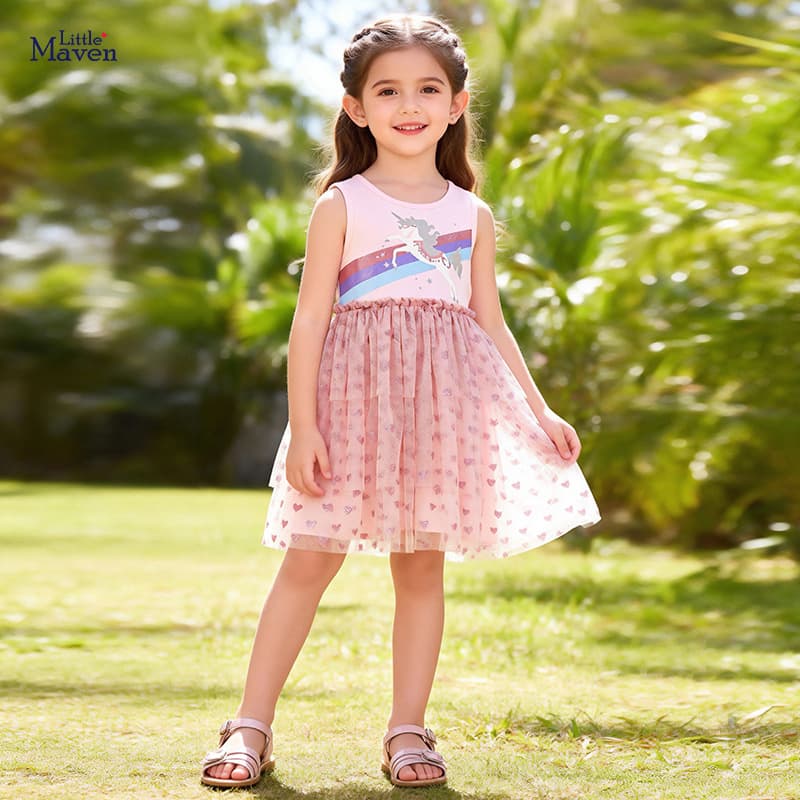 Processed and customized girls' dress summer sleeveless children's dress European and American style cartoon unicorn mesh princess dress