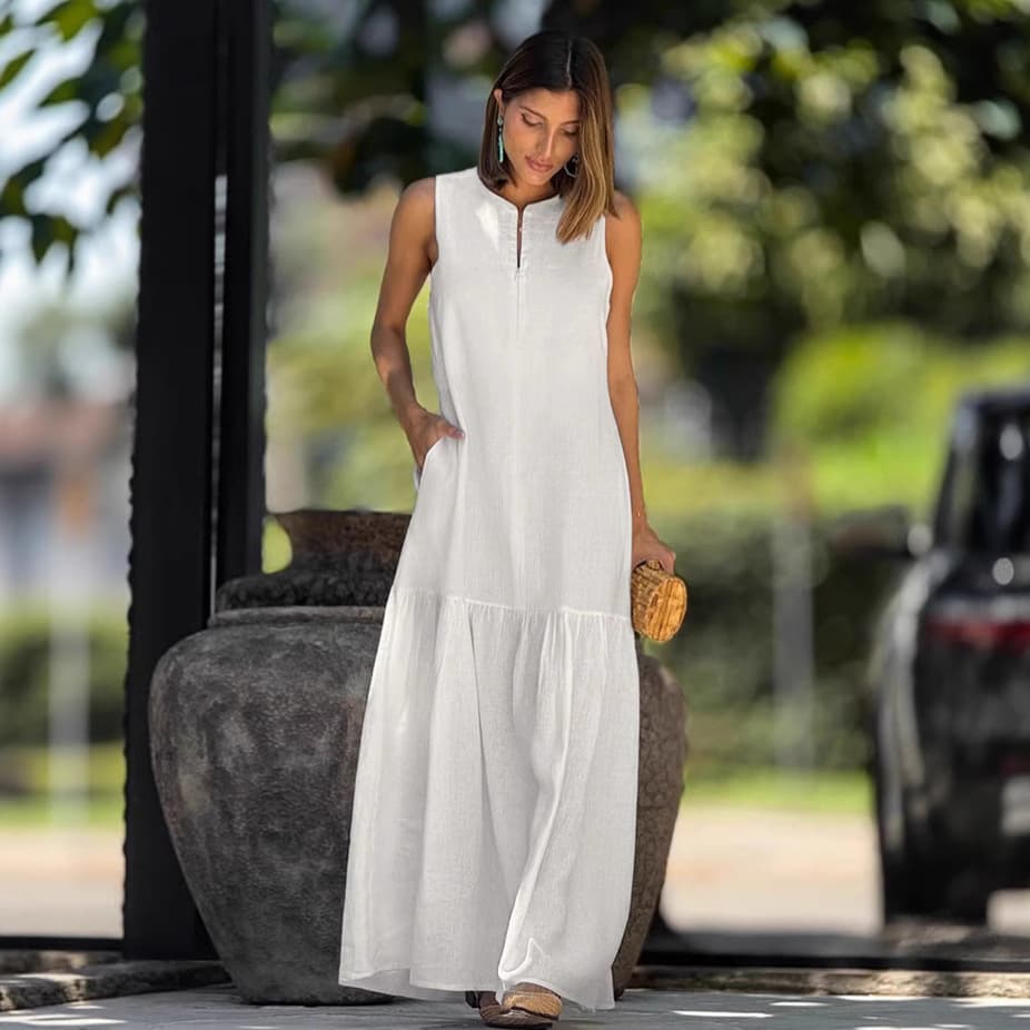 French Simple Round Neck Cotton Linen Vest Dress Women 2025 Summer High-End White Loose A-Line Long Dress Women's Clothing