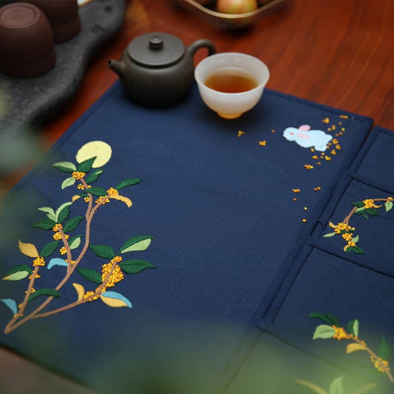 Embroidery DIY kit, tea mat four-piece set, handmade Lu embroidery rabbit and peach blossom needle and thread kit, living room tea mat and coaster.