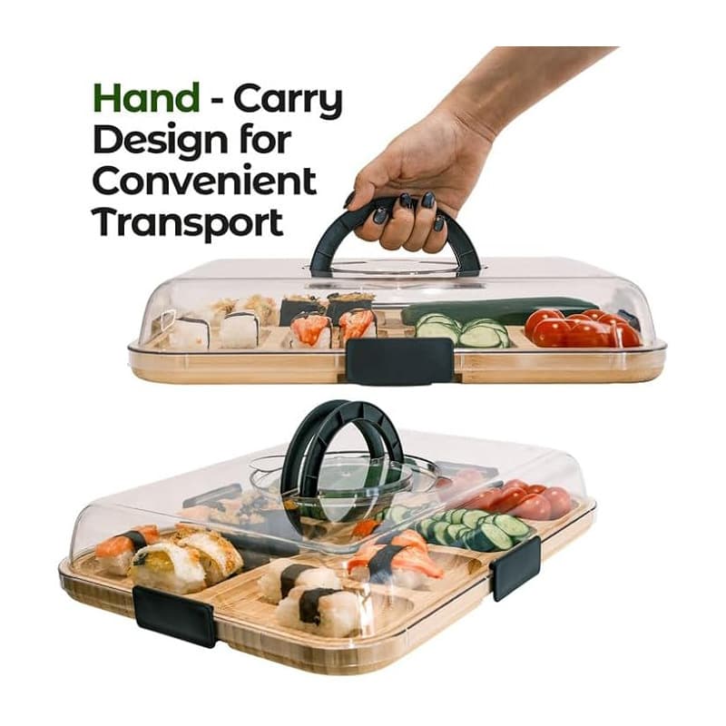 Wooden Portable Cutting Board Tray with Transparent Lid, Double-Sided Wooden Chopping Board with Cover, Deli Board with Compartments