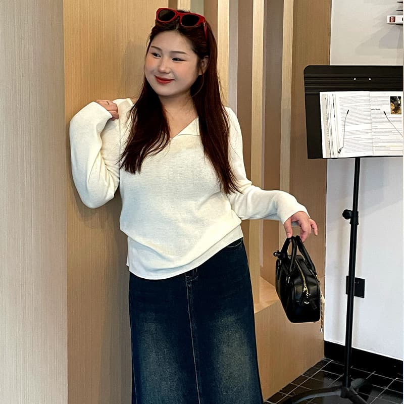 Plus Size Women's Half-Zip Notch Lapel Top 2026 Spring Fat MM Basic Inner Knit Sweater 23221