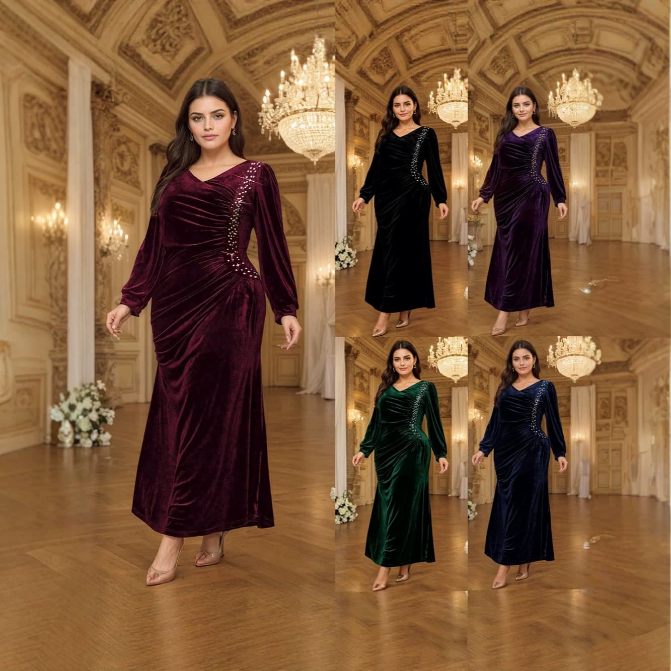 European and American Plus Size Women's Heavy Velvet Lantern Sleeve V-Neck Waist-Cinching Fishtail Dress with Rhinestones for Luxury Banquet Long Dress