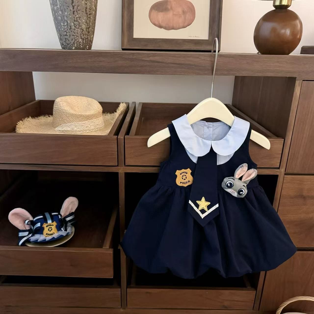 Girls Rabbit Police Officer Dress Summer New Cartoon JK College Style Lapel Sleeveless Princess Dress Trendy Style