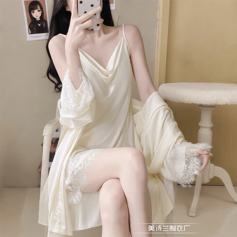 Sexy Sleepwear with Padded Lace Camisole Nightgown and Robe, Ice Silk Pure Desire Sexy Sleepwear for Women, Slimming 357 Set