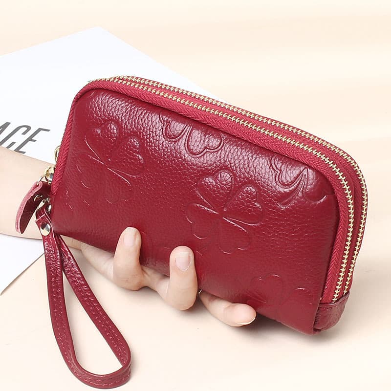 New style four-leaf clover embossed double zipper mobile phone bag first layer cowhide women's clutch bag genuine leather long wallet wallet