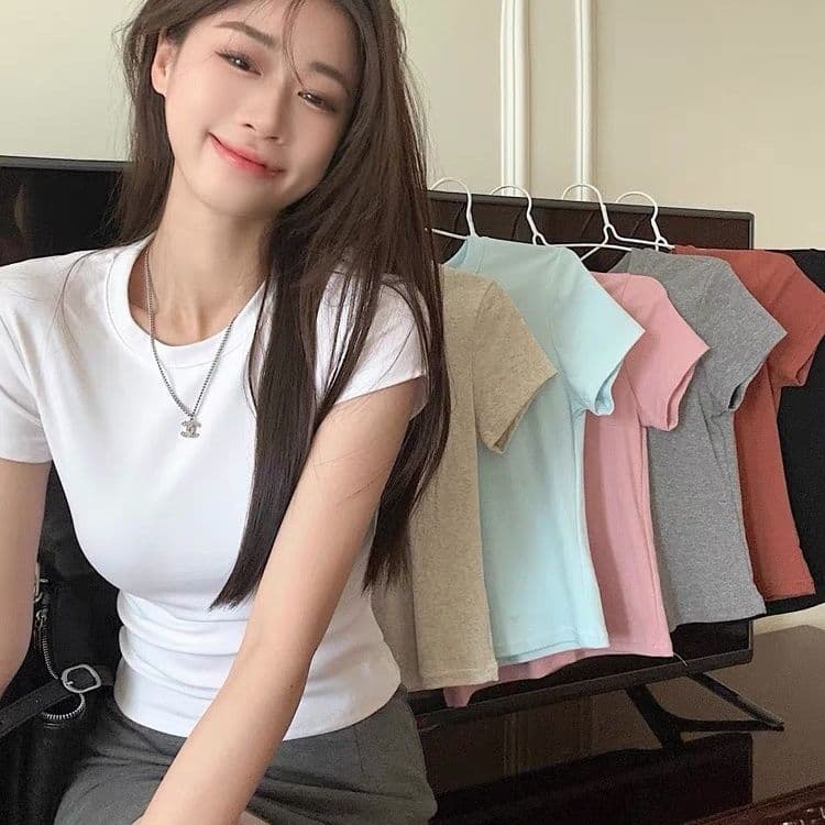 New Style Right Shoulder T-Shirt Women's Short-Sleeved Summer Round Neck Slim Fit Inner Wear Showing Breasts Elastic Tight Pure Color Top
