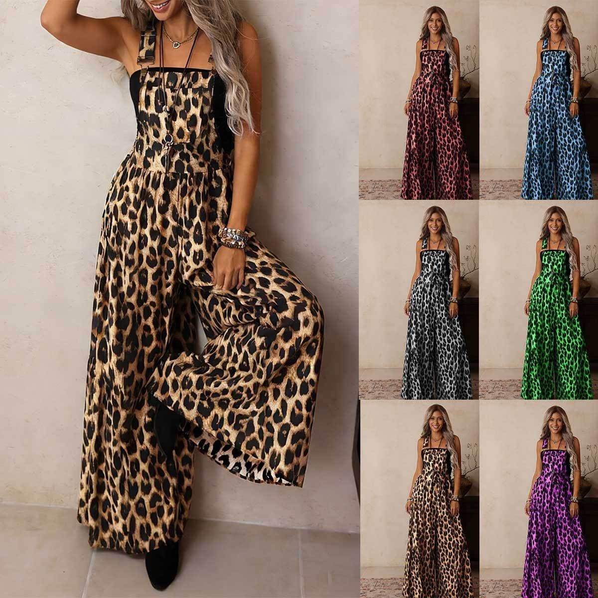 Women's Jumpsuit Retro Western Leopard Print Adjustable Spaghetti Strap Wide Leg Casual Pants