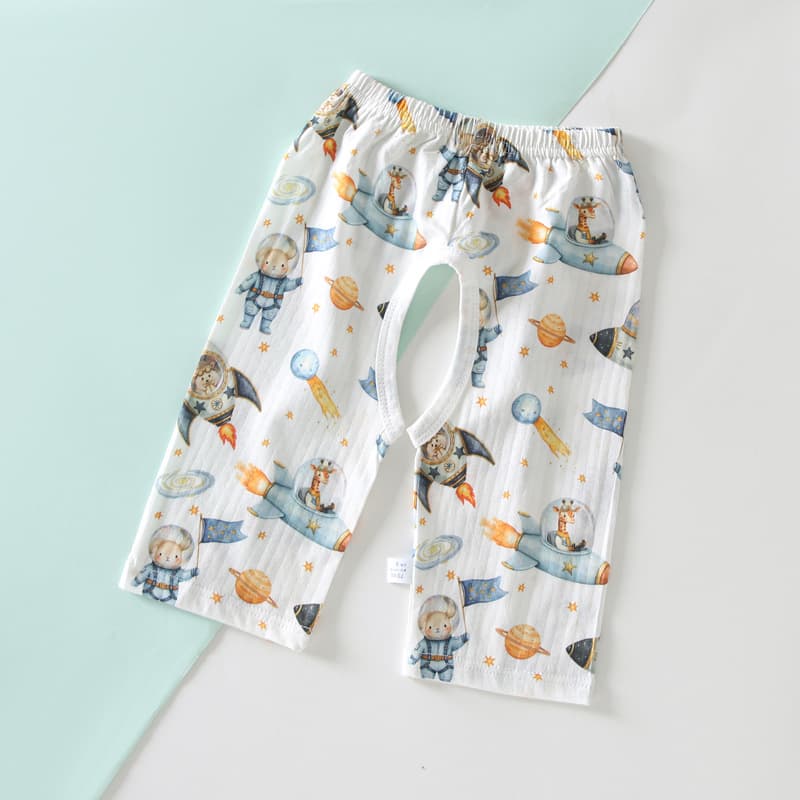 Kids Summer Open-Crotch Capri Pants, Baby Pure Cotton Jacquard Thin Seamless Capri Shorts, Boys and Girls Sleep Pants