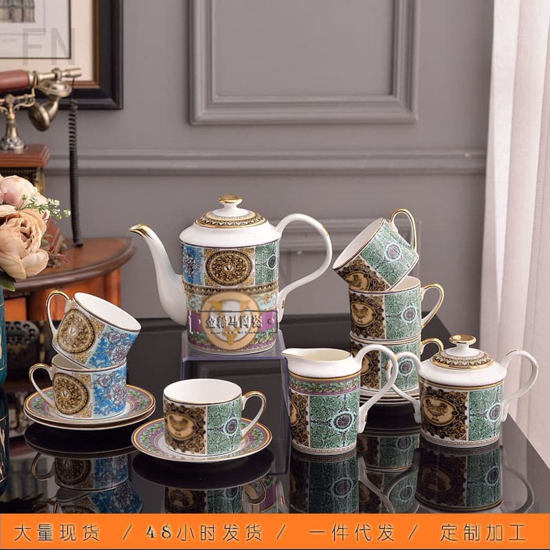 Luxury Retro Kaleidoscope V-Shape Bone China Coffee Set Premium Cross-Border Best-Selling 15-Piece Coffee Cup and Pot Set