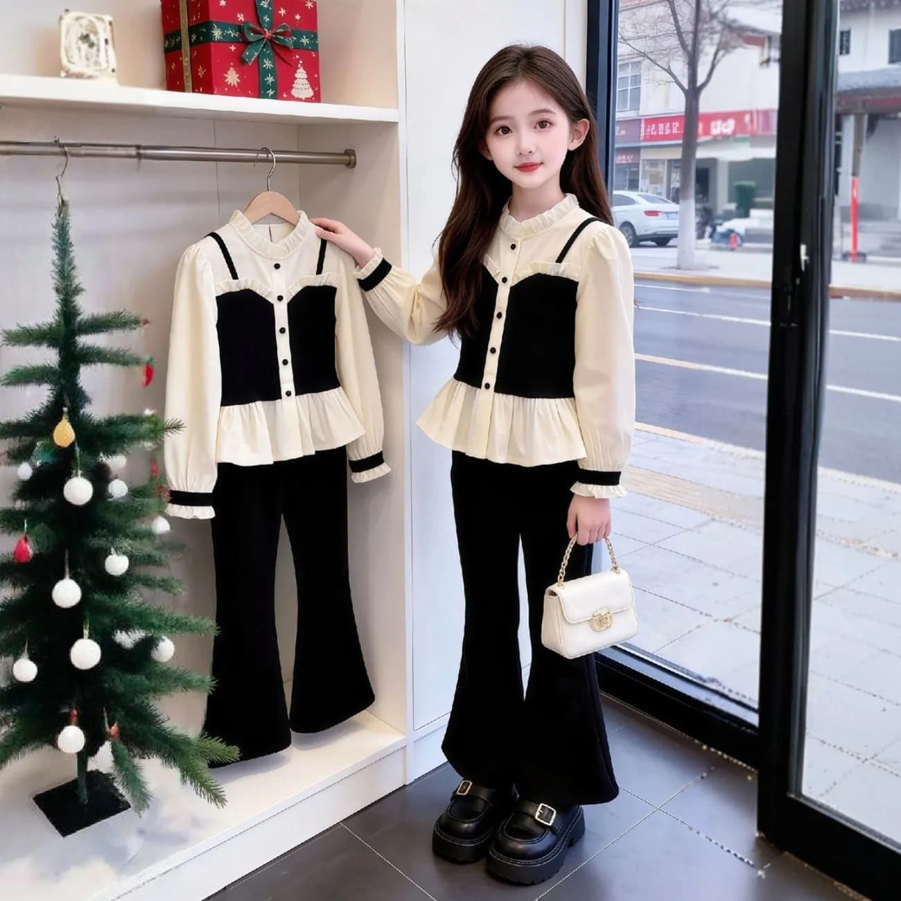 Girls spring and autumn small fragrance suit Internet celebrity new fake two-piece shirt long-sleeved casual pants temperament sweet two-piece set