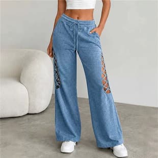 2026 Amazon European and American Style Elastic Waist Loose Straight Wide-Leg Plus Size Pants Cutout Patchwork Casual Vacation Long