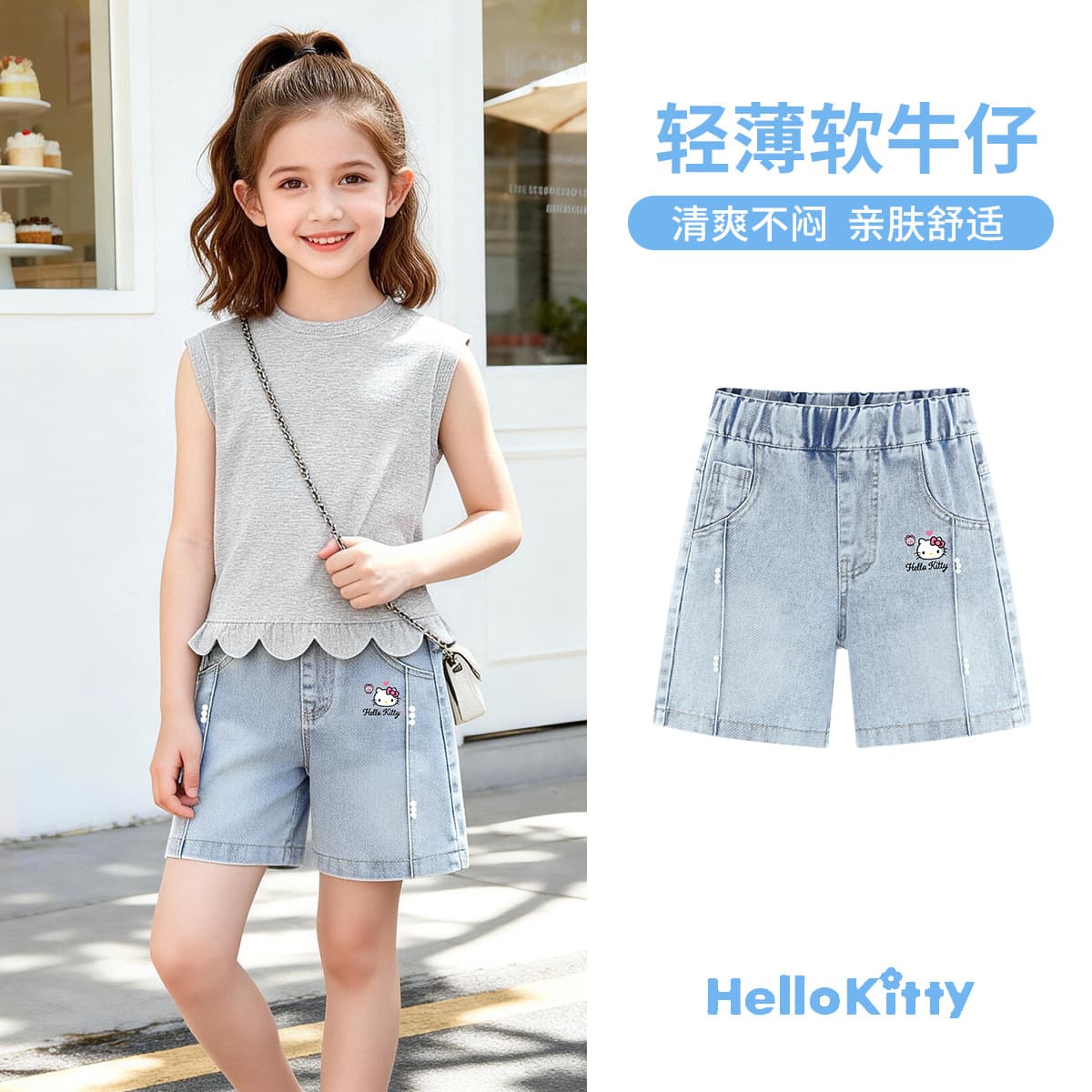 Hello Kitty Girls Summer Casual Shorts Outer Wear Mid-Length Denim Shorts Thin Comfortable