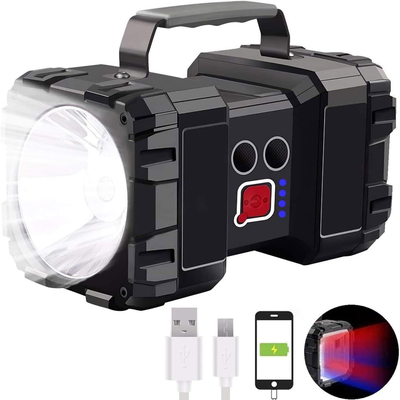 LED High-Power Dual-Head Searchlight Multifunctional Rechargeable with Red and Blue Warning Lights High-Brightness Long-Range Handheld Flashlight