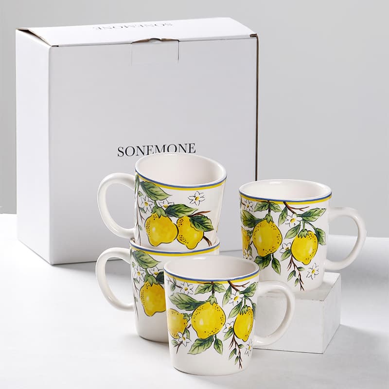 Export Original Creative Painted Lemon Ceramic Mug 4-Piece Set Gift Fresh Household Cup Wholesale