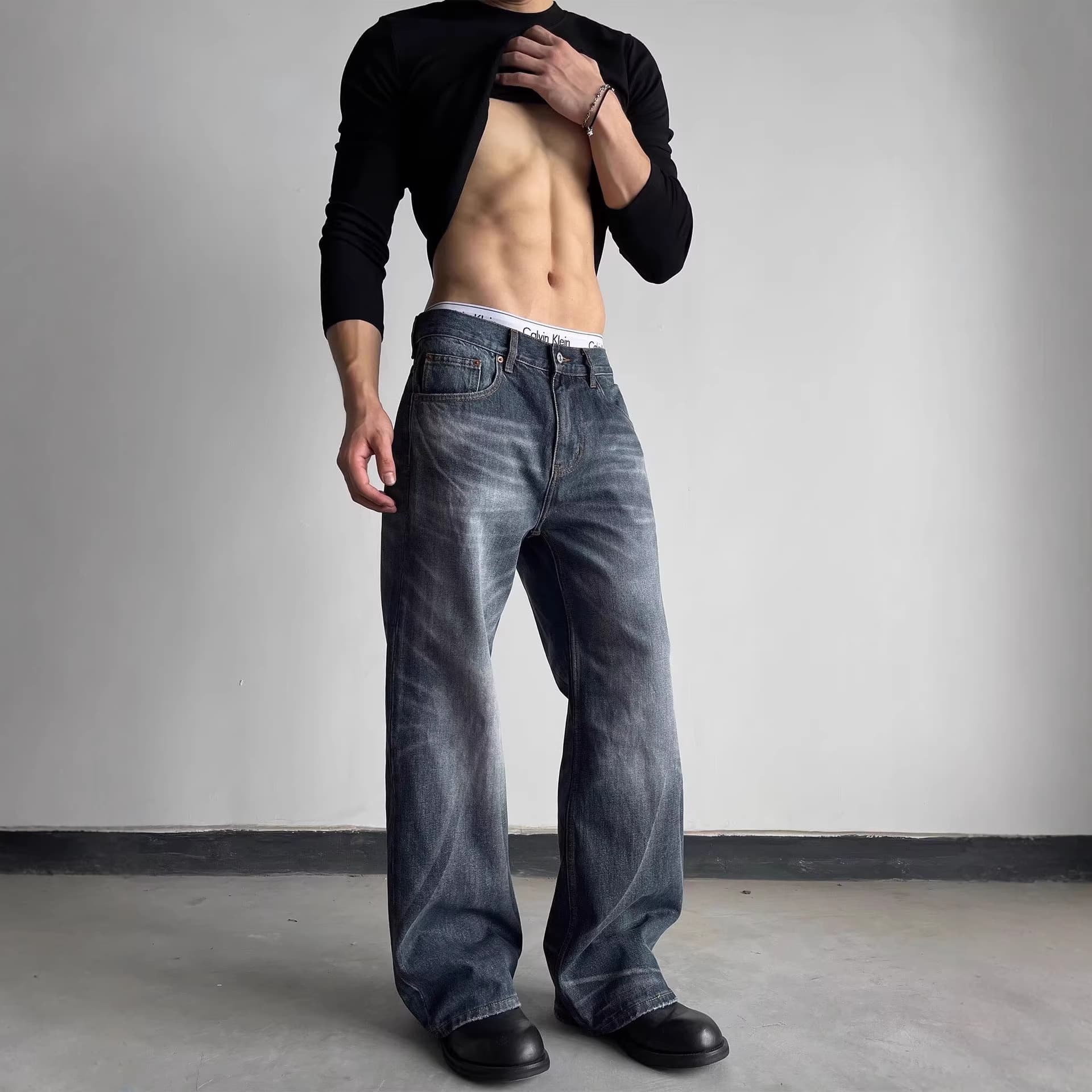Factory Direct New American High-Street Retro Blue Straight-Leg Flared Jeans for Men, Versatile Slimming Design Long Pants