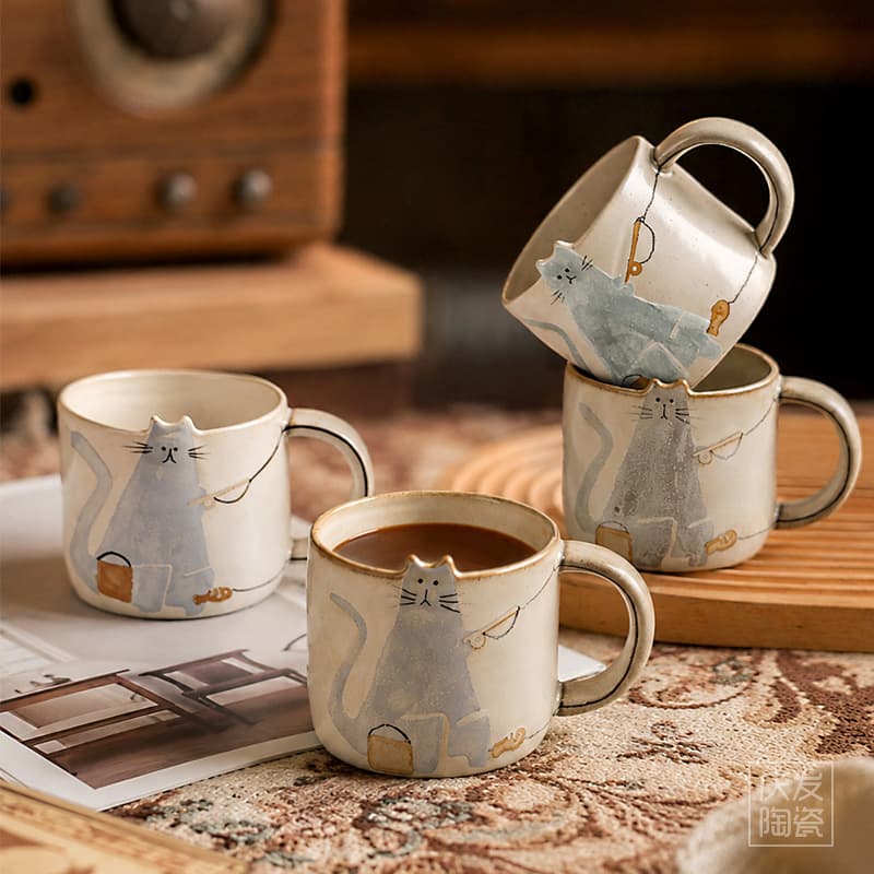 Kitten Fishing Mug Wholesale Vintage Coarse Pottery Coffee Cup Underglaze Hand-painted Cup Ceramic Kiln-transmutation Handmade Cup