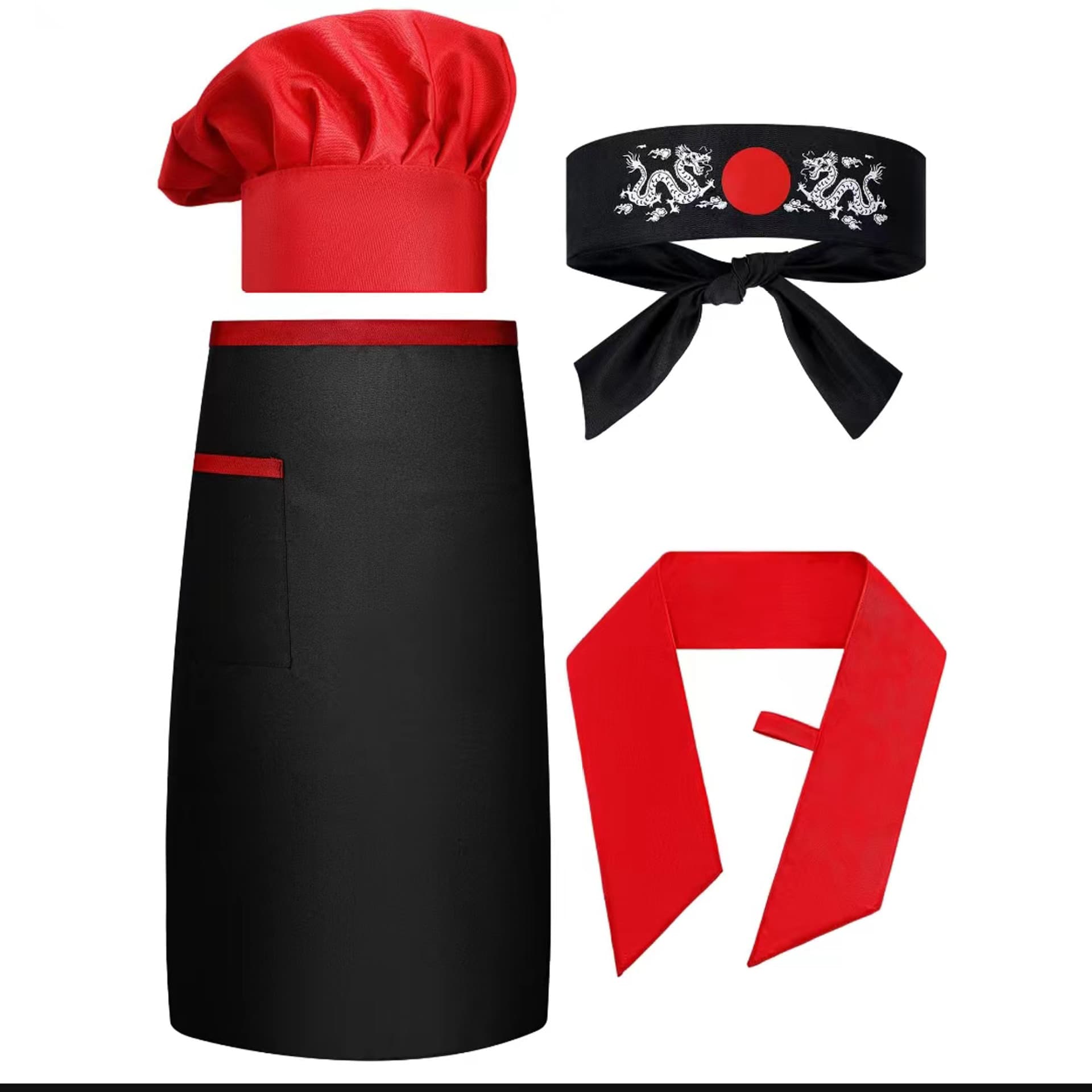 Chef Uniform Set with Apron, Hat, Headscarf, and Necktie for Restaurant Kitchen BBQ, Red Dragon Headscarf