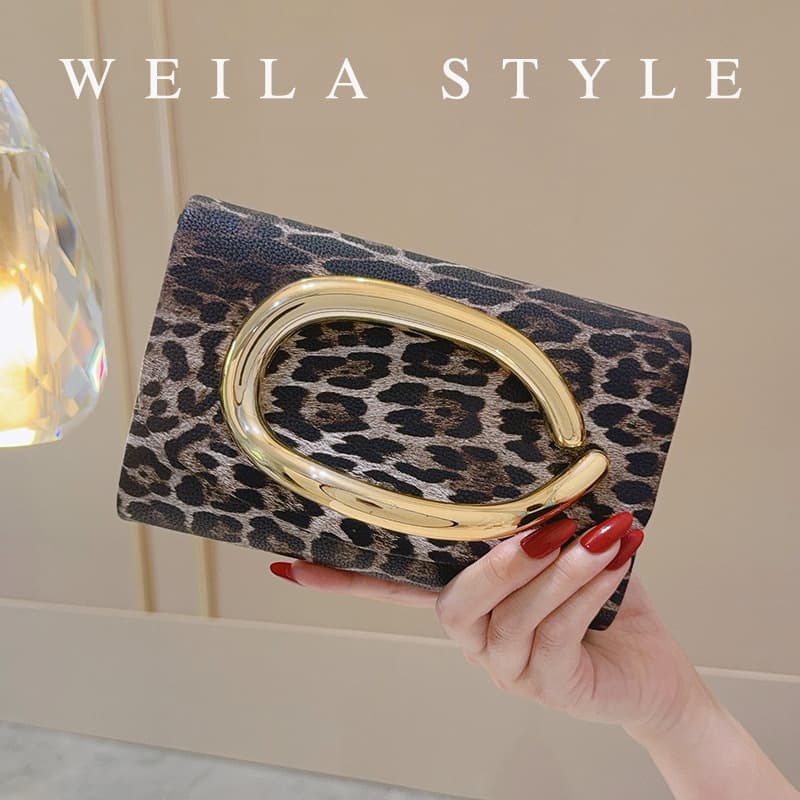 New Leopard Print Evening Clutch Bag for Women with Metal Ring Handle, Banquet Dress Bag, Party Handbag Wholesale