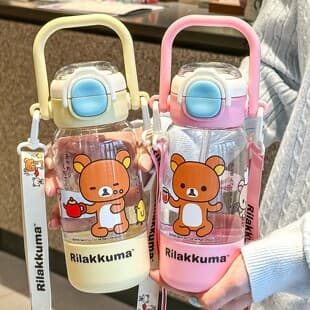 Relax Bear Kids Water Bottle for Girls School, Tritan Straw Cup, Summer Outdoor Portable Student Water Jug