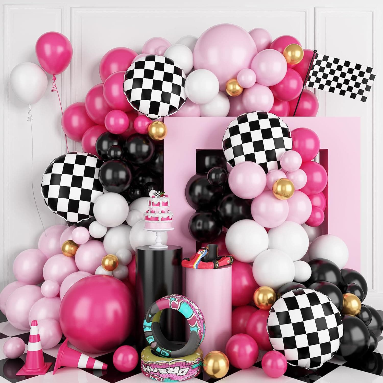 Pink Racing Car Shaped Arch Balloon Set Latex Balloons with Black And White Grids Macaron Colored Birthday Party Supplies