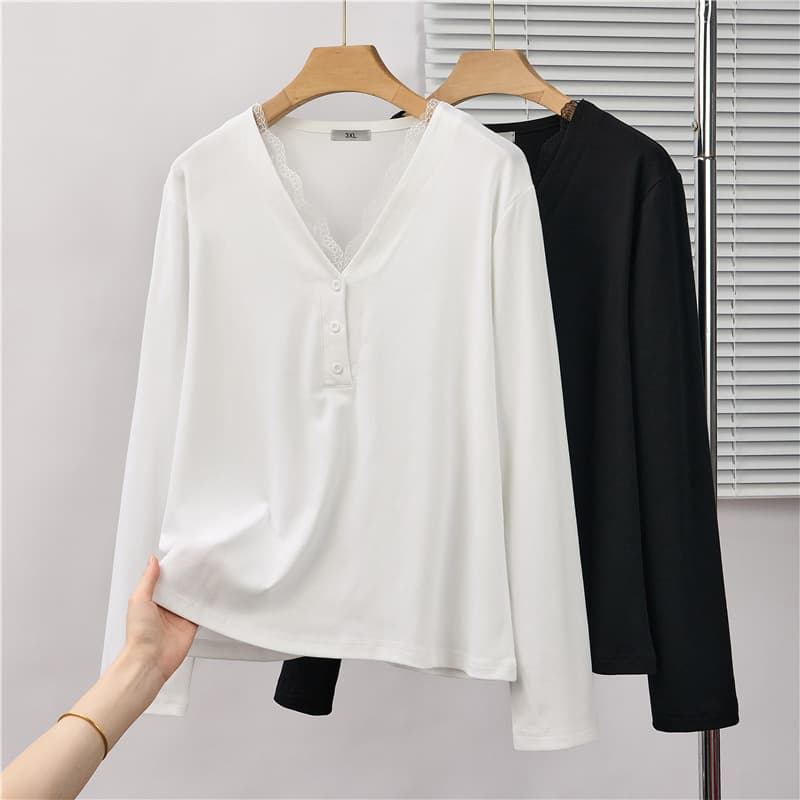 Spring New Plus Size Women's Clothing for Overweight Ladies, Korean Style Lace Trim Long Sleeve V-Neck Top S5733