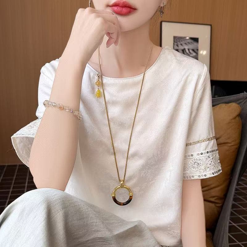Light Luxury New Chinese Style Jacquard Round Neck Loose Short Sleeve Top for Women National Style Embroidered Satin T-Shirt Versatile Breathable Shirt