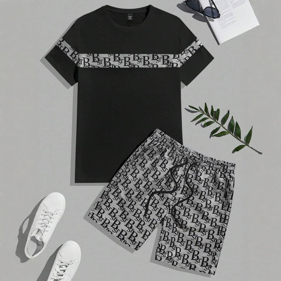 2025 Summer New Men's Fashion T-Shirt and Shorts Set Waffle Knit Sport Casual